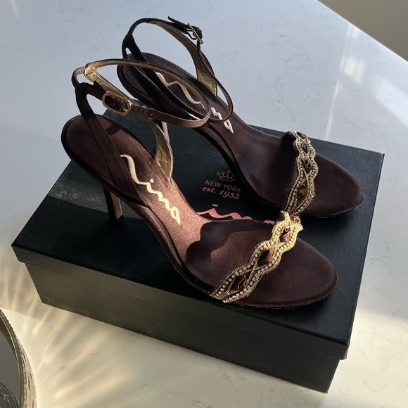 NINA Vasek Brown Satin Evening Sandals - Picture 1 of 11